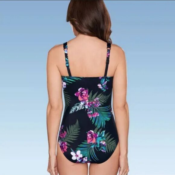 Waist Detail Over the Shoulder One Piece Swimsuit - Aqua Green® Black Floral M - Picture 6 of 8